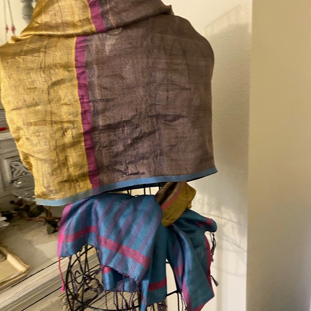Handwoven Silk Scarf / Wrap in Gold, Purple , Blue & Pink - Picture 8 of 9
